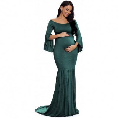 Nightgowns & Sleepshirts Maternity Retro Off Shoulder Flare Sleeves Mermaid Gown Maxi Photography Dress for Baby Shower - Dar...