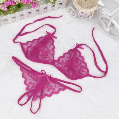 Baby Dolls & Chemises Women Sexy Spaghetti Strap No Padded Wire Free Babydoll Lace Lingerie Set - Rose Red - C119CS3KUO5