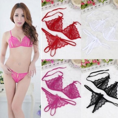 Baby Dolls & Chemises Women Sexy Spaghetti Strap No Padded Wire Free Babydoll Lace Lingerie Set - Rose Red - C119CS3KUO5