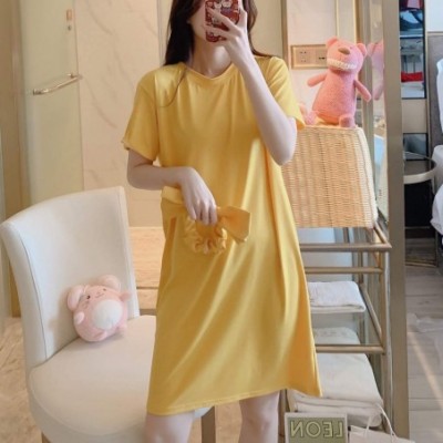 Robes Women's Women Fashion Casual Solid Short Sleeves Top Pajamas Sleepwear Mini Dress - Yellow - CK198406KKW