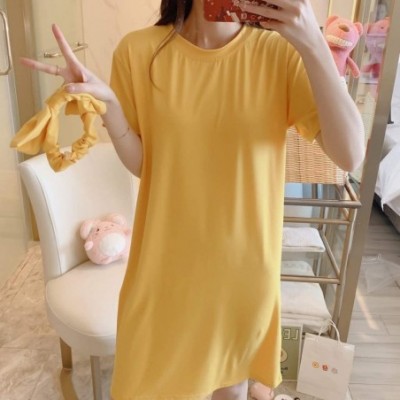 Robes Women's Women Fashion Casual Solid Short Sleeves Top Pajamas Sleepwear Mini Dress - Yellow - CK198406KKW