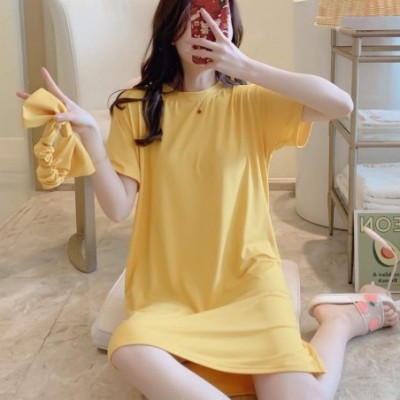 Robes Women's Women Fashion Casual Solid Short Sleeves Top Pajamas Sleepwear Mini Dress - Yellow - CK198406KKW