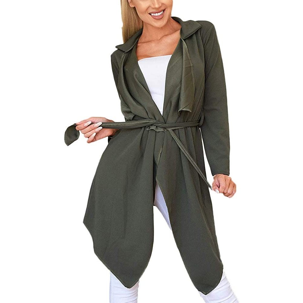 Tops Loose Solid Irregular Hem Cardigan Women with Lapel Coat Trench Coat Tops - Green - CI18I5TI9LC