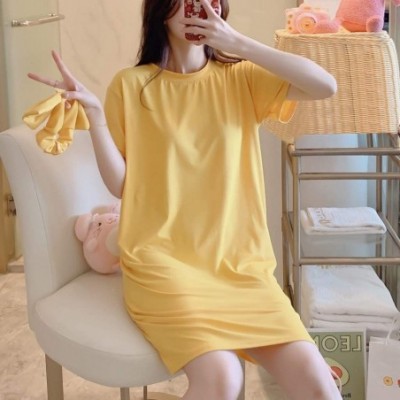 Robes Women's Women Fashion Casual Solid Short Sleeves Top Pajamas Sleepwear Mini Dress - Yellow - CK198406KKW