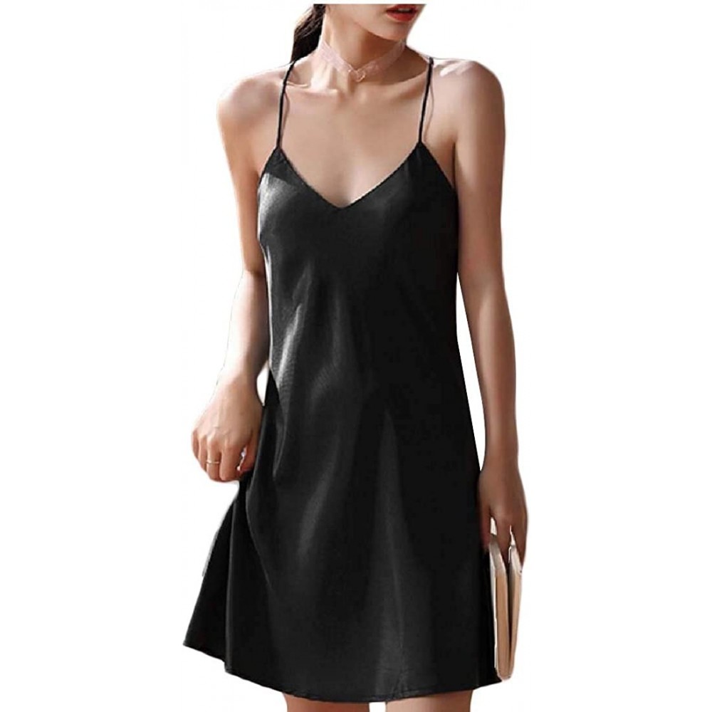 Nightgowns & Sleepshirts Women's Sexy Lingerie V Neck Nightgown Satin Sleepwear Chemise Slip Nightwears - 1 - CE19DZ8YE4E