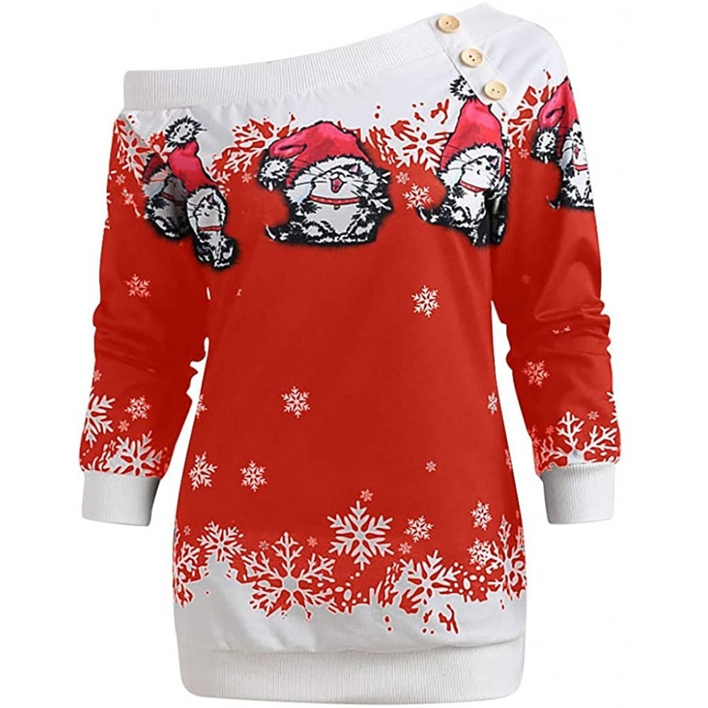 Shapewear Womens Christmas Santa Off Shoulder Asymmetric Snowflake Sweater Pullover - X3-red - CA19352SDWE