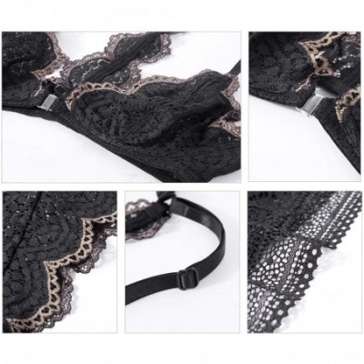 Bras Women's Lace Racerback Bralette Triangle Cup Plunge Lightly Lined Front Closure Bra and Panty Set - Black - CL18OQN3W6W