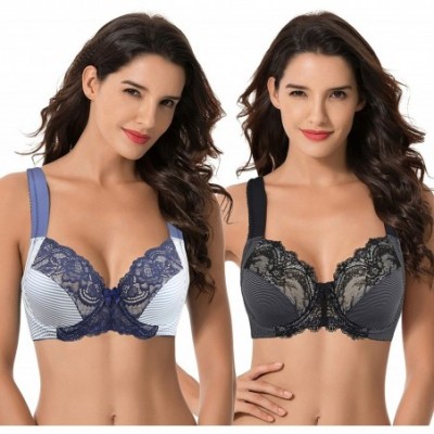 Bras Plus Size Unlined Underwire Lace Bra with Padded Shoulder Straps-2PK - Grey Print- Navy Print(2 Pack) - C318U50589R