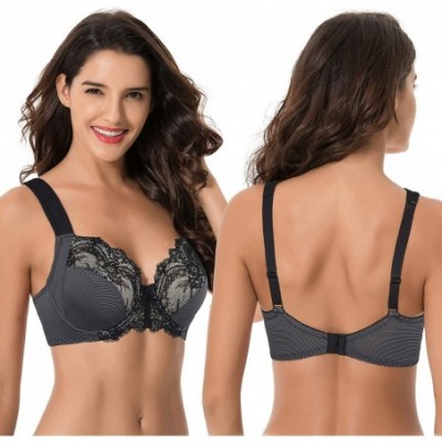 Bras Plus Size Unlined Underwire Lace Bra with Padded Shoulder Straps-2PK - Grey Print- Navy Print(2 Pack) - C318U50589R