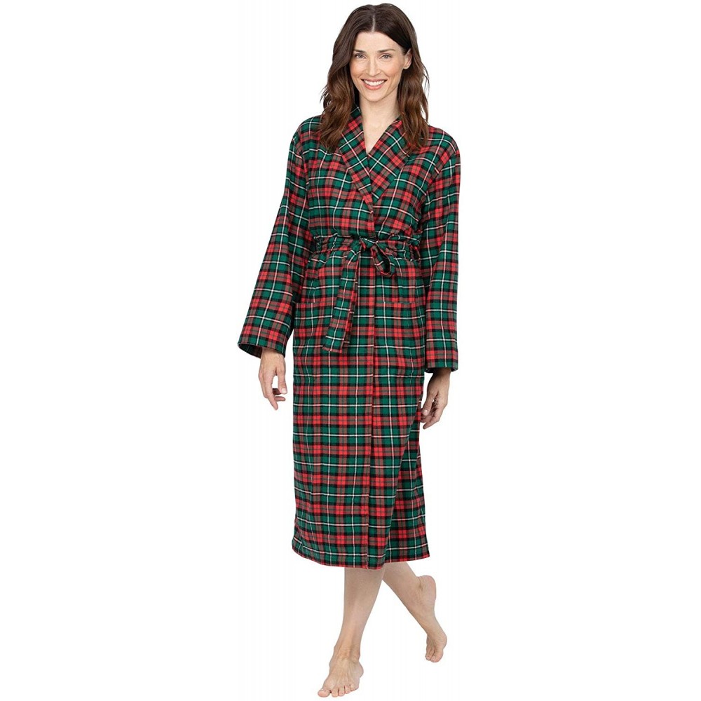 Robes Cotton Flannel Robe Womens - Soft Yarn Dyed Plaid - Red/Green Plaid - CU18QHAAI3O