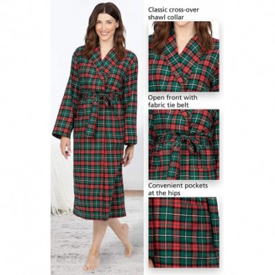 Robes Cotton Flannel Robe Womens - Soft Yarn Dyed Plaid - Red/Green Plaid - CU18QHAAI3O