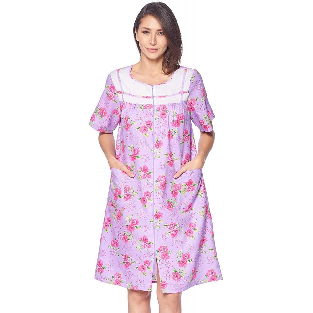 Robes Women's Zipper Front House Dress Short Sleeves Duster Lounger Housecoat Robe - Floral Lilac Purple - CB18RIZEQ4M