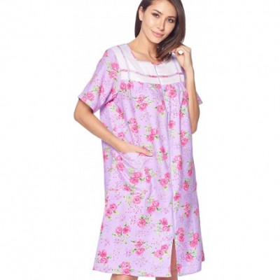 Robes Women's Zipper Front House Dress Short Sleeves Duster Lounger Housecoat Robe - Floral Lilac Purple - CB18RIZEQ4M