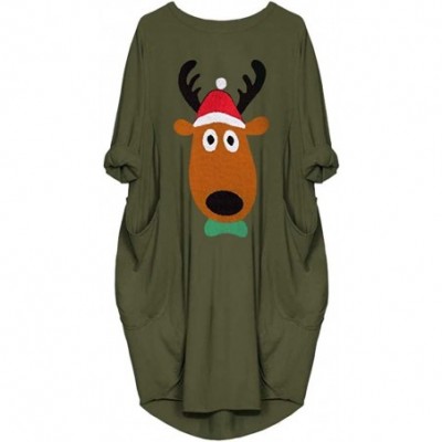 Baby Dolls & Chemises Womens Casual Dresses Loose Cute Elk Printed Dresses Round Neck Christmas Dress with Pocket - Green - C...