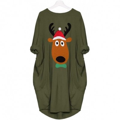 Baby Dolls & Chemises Womens Casual Dresses Loose Cute Elk Printed Dresses Round Neck Christmas Dress with Pocket - Green - C...