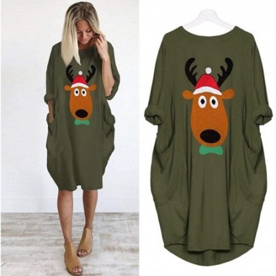 Baby Dolls & Chemises Womens Casual Dresses Loose Cute Elk Printed Dresses Round Neck Christmas Dress with Pocket - Green - C...