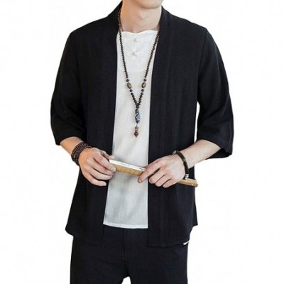 Robes Men Chinese Linen Cardigan Coat Solid Color Vintage Casual Top Jacket - Black - CO18UU5HUHC