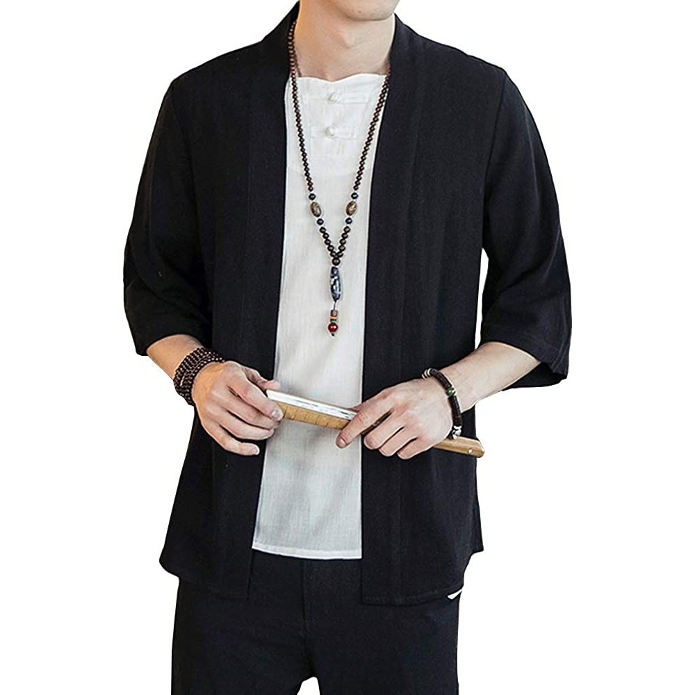 Robes Men Chinese Linen Cardigan Coat Solid Color Vintage Casual Top Jacket - Black - CO18UU5HUHC