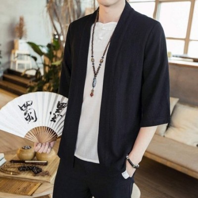 Robes Men Chinese Linen Cardigan Coat Solid Color Vintage Casual Top Jacket - Black - CO18UU5HUHC