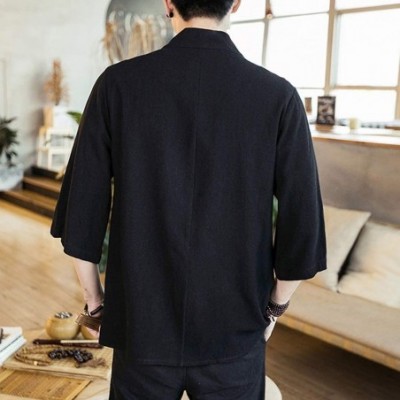 Robes Men Chinese Linen Cardigan Coat Solid Color Vintage Casual Top Jacket - Black - CO18UU5HUHC