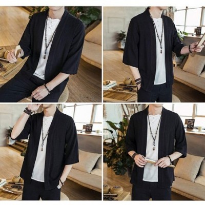 Robes Men Chinese Linen Cardigan Coat Solid Color Vintage Casual Top Jacket - Black - CO18UU5HUHC