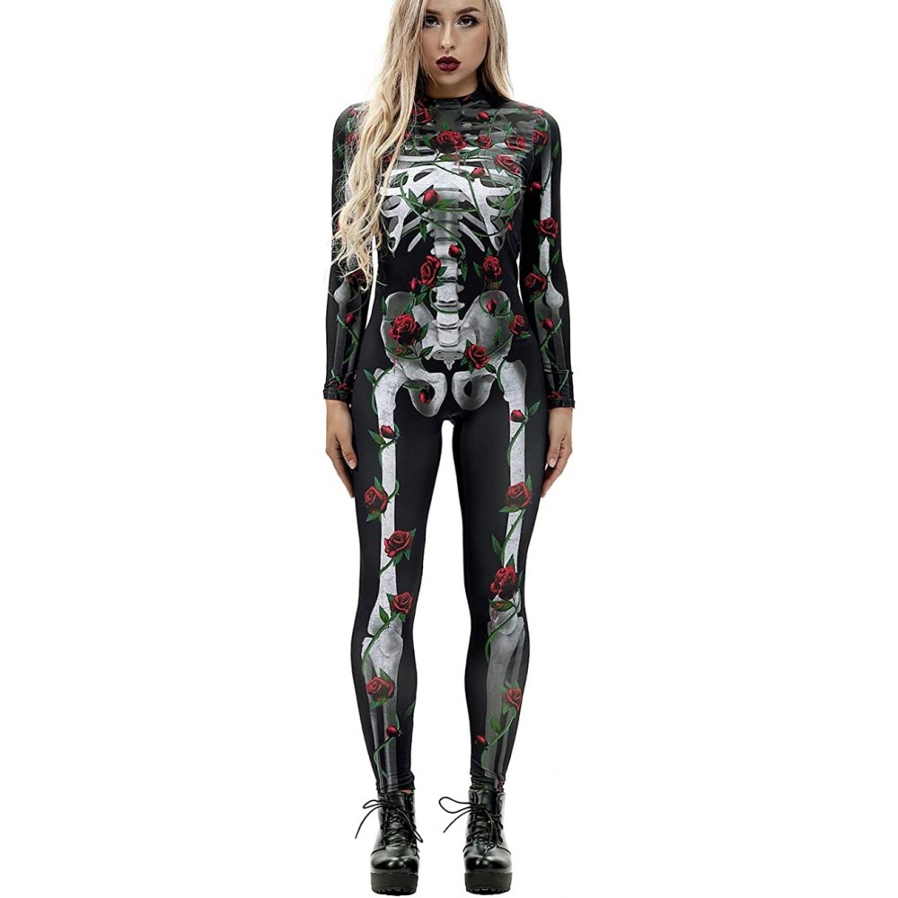 Shapewear Womens Costumes Halloween Cosplay Catsuit Skeleton Onesie Bodysuit Sexy Jumpsuit Funny - Rose Tree Skeleton - CS18U...