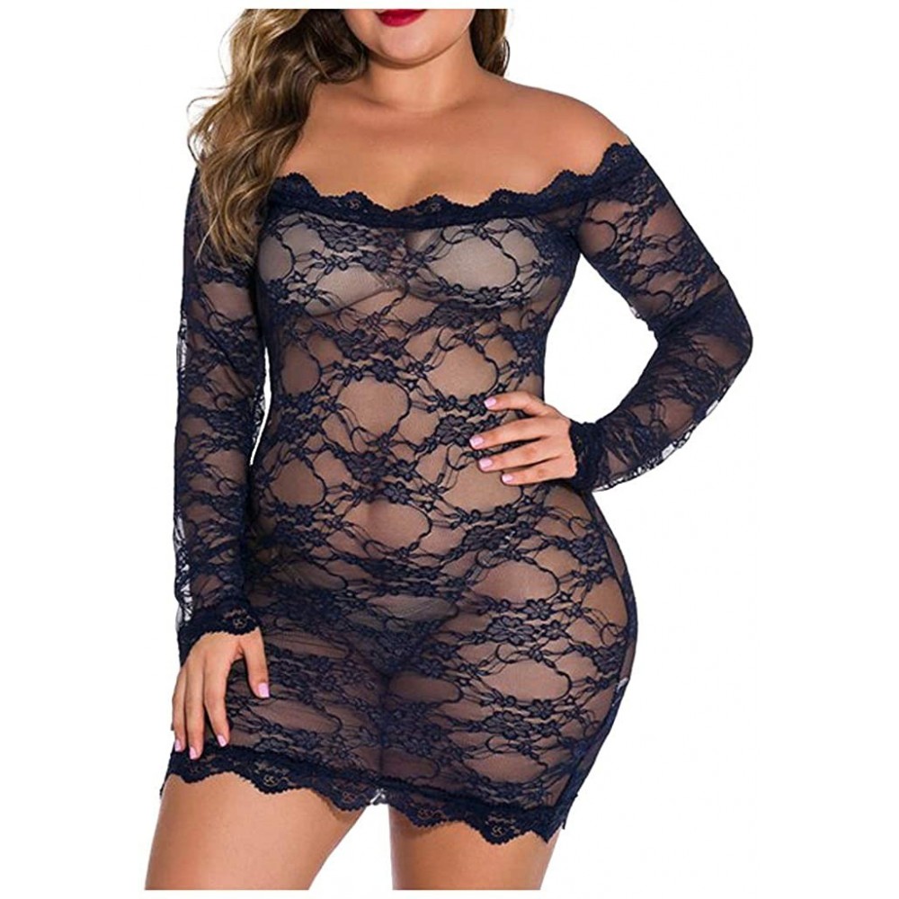 Baby Dolls & Chemises Women Lingerie Nightdress Sexy Perspective Lace Pajamas Tight Body Underwear - Navy - CT198UI37E7