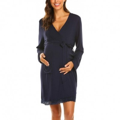 Robes Women's Robe Maternity Sleepwear Pregnancy Nightgown Nursing Soft Kimono Bathrobes - Navy Blue - CM18GLKYYRI