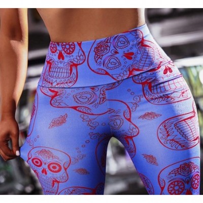 Panties Yoga Pants for Womens- Running Sport Gym Stretch Workout Printed Tummy Fitness Athletic Legging Trousers - Blue - CI1...