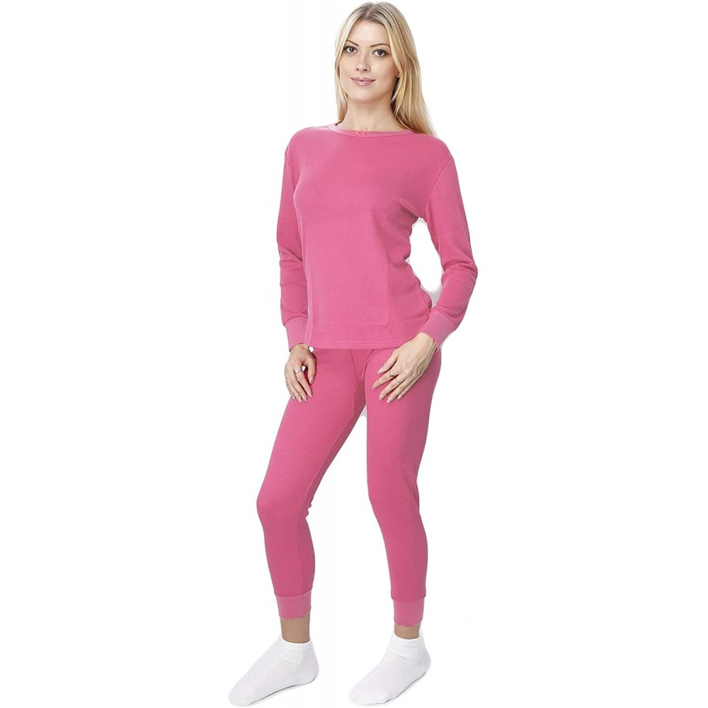 Thermal Underwear Women's Soft 100% Cotton Waffle Thermal Underwear Long Johns Sets - Blush Pink - CD18M0MCEKH