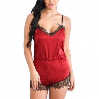 Baby Dolls & Chemises Sexy Lingerie for Women Sexy Deep V Satin Babydoll Mesh Lace Chemise Top Short Nightdress - Z2-red - CR...