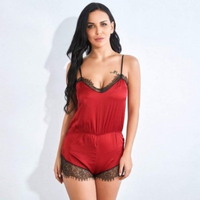 Baby Dolls & Chemises Sexy Lingerie for Women Sexy Deep V Satin Babydoll Mesh Lace Chemise Top Short Nightdress - Z2-red - CR...