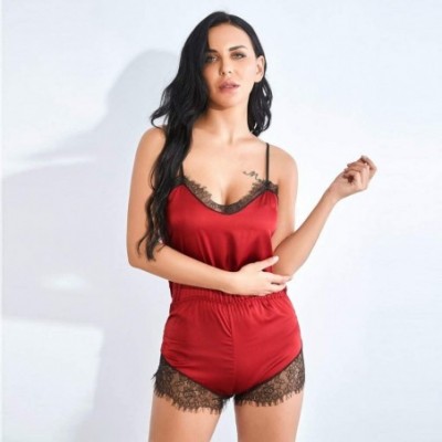 Baby Dolls & Chemises Sexy Lingerie for Women Sexy Deep V Satin Babydoll Mesh Lace Chemise Top Short Nightdress - Z2-red - CR...