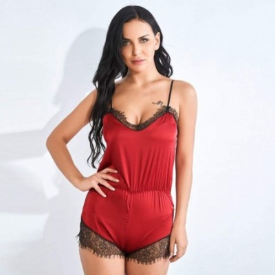 Baby Dolls & Chemises Sexy Lingerie for Women Sexy Deep V Satin Babydoll Mesh Lace Chemise Top Short Nightdress - Z2-red - CR...