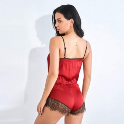 Baby Dolls & Chemises Sexy Lingerie for Women Sexy Deep V Satin Babydoll Mesh Lace Chemise Top Short Nightdress - Z2-red - CR...