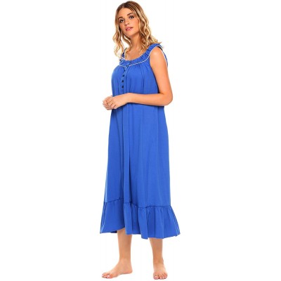 Nightgowns & Sleepshirts Women's Sleeveless Nightgown Sleepwear Pretty Babydoll Pajamas Ruffle Sleep Dress - Dark Blue - CT18...