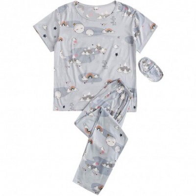 Sets Women's Sleepwear Cute Print Pajama Set Short Sleeves Top and Pants with Eye Mask - Grey-1 - CZ197CXRYGK