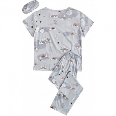 Sets Women's Sleepwear Cute Print Pajama Set Short Sleeves Top and Pants with Eye Mask - Grey-1 - CZ197CXRYGK