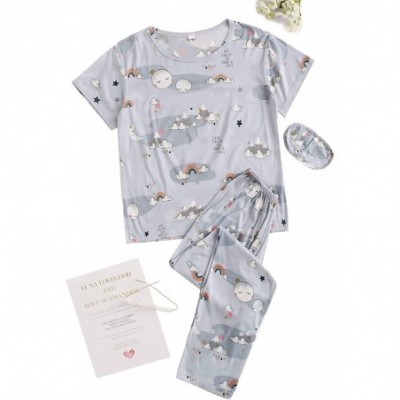 Sets Women's Sleepwear Cute Print Pajama Set Short Sleeves Top and Pants with Eye Mask - Grey-1 - CZ197CXRYGK