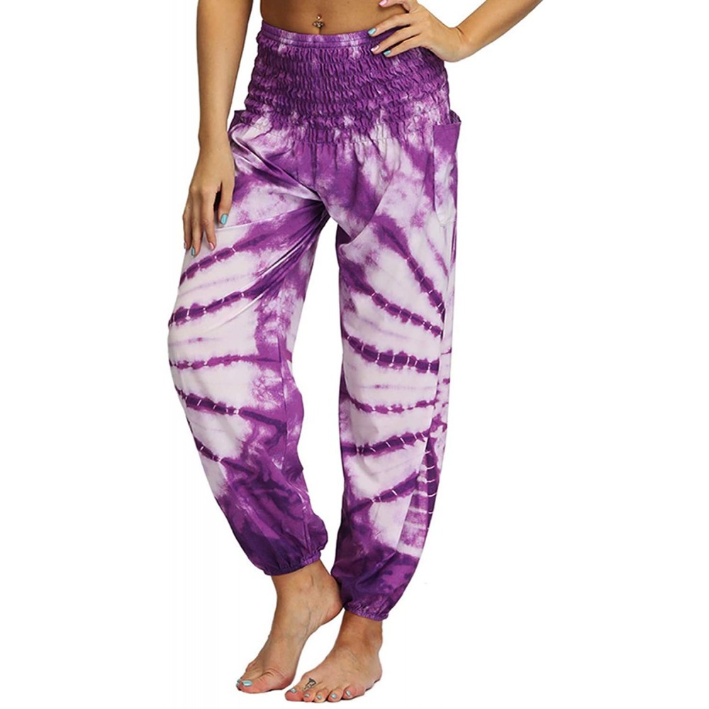 Bottoms Womens Boho Pants Tie Dye Printed Smocked Waist Loose Harem Hippie Yoga Pants - Purple - C3198K0S6ZT