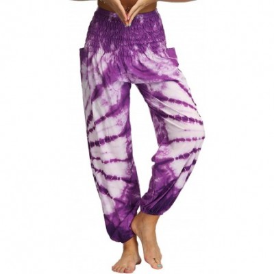 Bottoms Womens Boho Pants Tie Dye Printed Smocked Waist Loose Harem Hippie Yoga Pants - Purple - C3198K0S6ZT