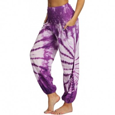 Bottoms Womens Boho Pants Tie Dye Printed Smocked Waist Loose Harem Hippie Yoga Pants - Purple - C3198K0S6ZT