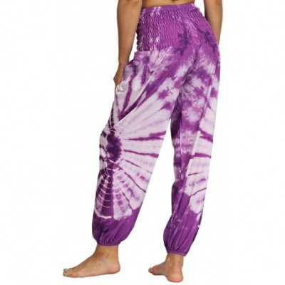 Bottoms Womens Boho Pants Tie Dye Printed Smocked Waist Loose Harem Hippie Yoga Pants - Purple - C3198K0S6ZT