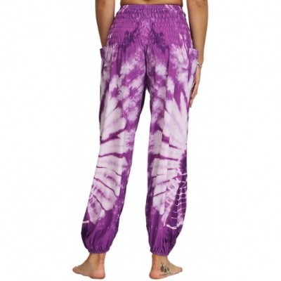 Bottoms Womens Boho Pants Tie Dye Printed Smocked Waist Loose Harem Hippie Yoga Pants - Purple - C3198K0S6ZT