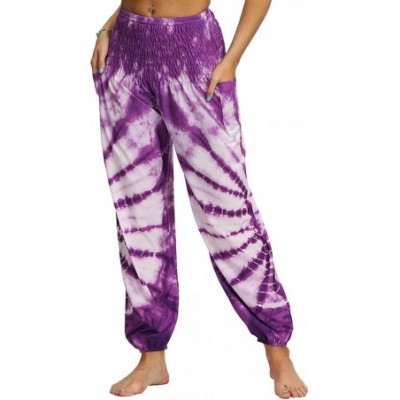 Bottoms Womens Boho Pants Tie Dye Printed Smocked Waist Loose Harem Hippie Yoga Pants - Purple - C3198K0S6ZT