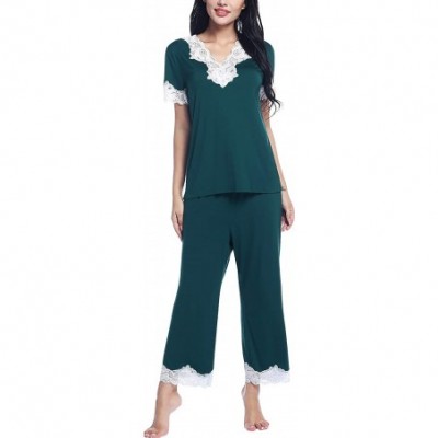 Sets Womens Soft Bamboo V Neck Lace Trim Short Sleeve Capri Pants Pajama/Pj Set - Green - C6196WXL3KH