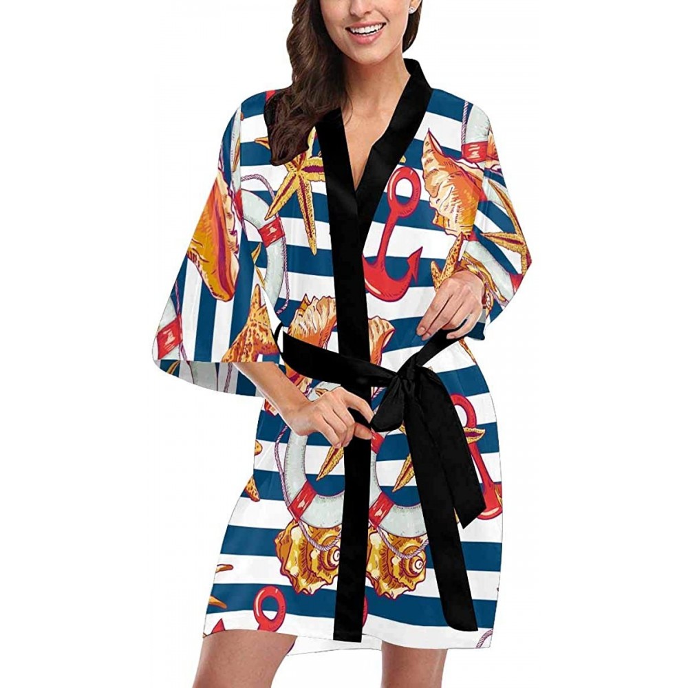 Robes Custom Seashell Starfishs Anchor Stripe Women Kimono Robes Beach Cover Up for Parties Wedding (XS-2XL) - Multi 1 - CW19...