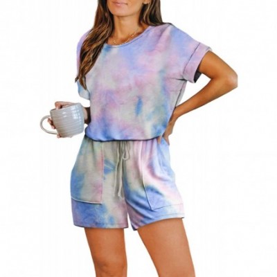 Sets Womens Tie Dye Printed Long Pajamas Set Keyhole Short Sleeve PJ Sets Jumpsuit Nightwear Loungewear - G Multicolor - CU19...