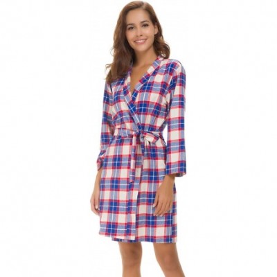 Robes Women Short Spa Robes Plaid Homewear Pockets Kimono Lounge Bathrobe - Blue - CT18GAXNYRA