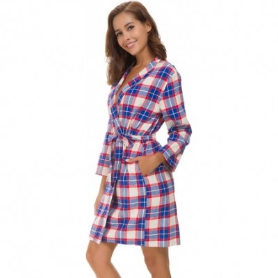 Robes Women Short Spa Robes Plaid Homewear Pockets Kimono Lounge Bathrobe - Blue - CT18GAXNYRA